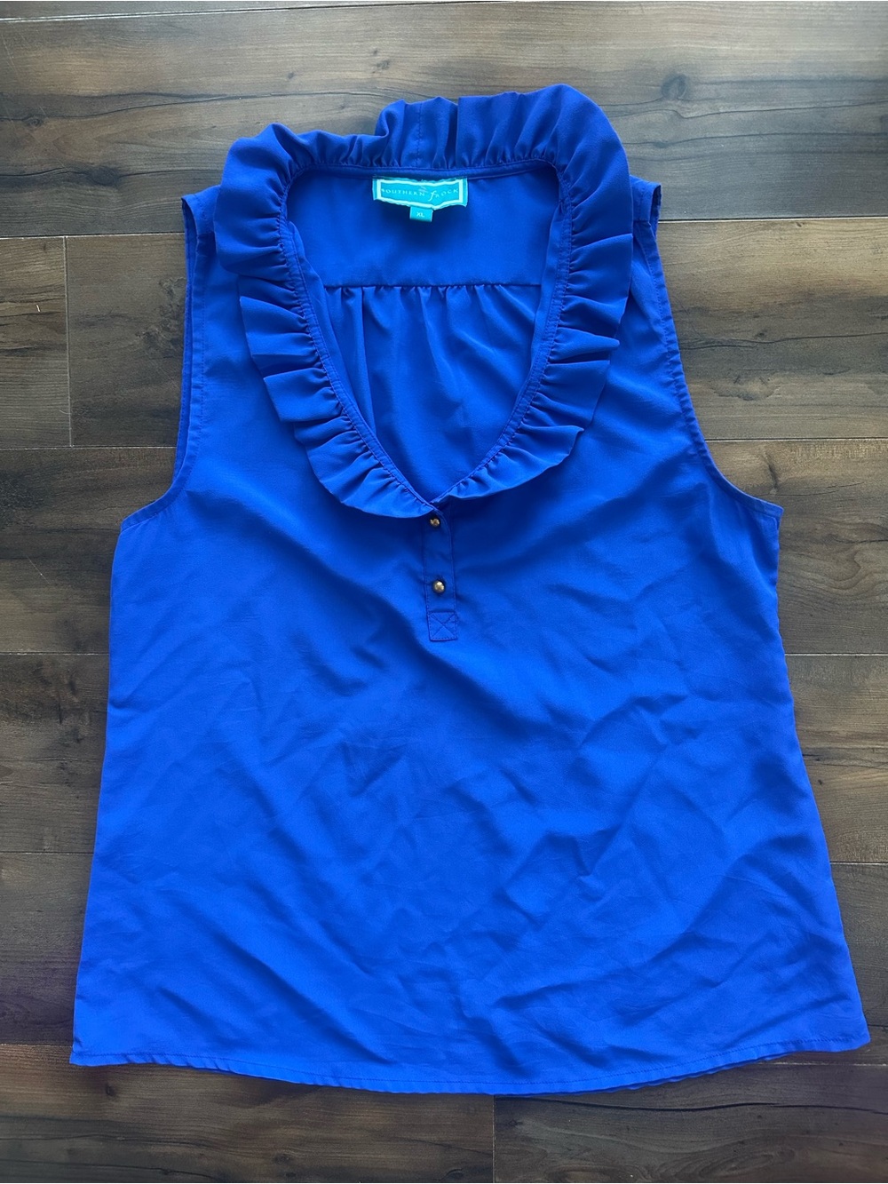 Southern Frock XL Royal Blue Ruffle Neck Sleeveless Blouse Preppy Coastal